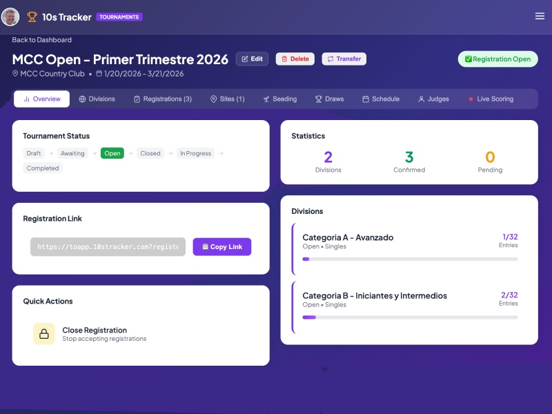 Tournament management dashboard